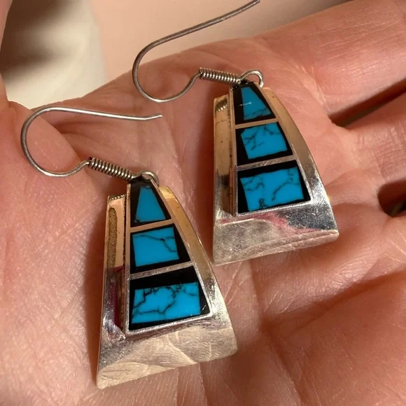 Taxco Vintage sterling silver turquoise southwestern oversized earrings - Picture 3 of 17